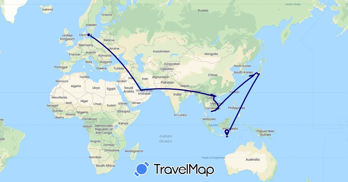 TravelMap itinerary: driving in Denmark, Indonesia, Japan, Qatar, Vietnam (Asia, Europe)